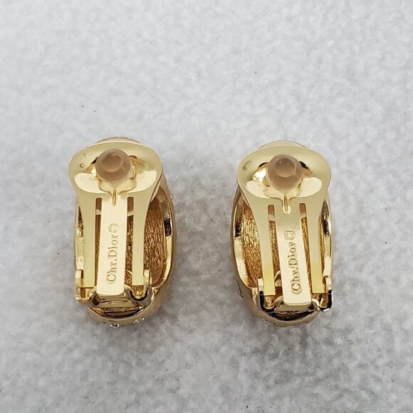 Vintage CHRISTIAN DIOR Gold Tone Rhinestone Huggie Clip-on Earrings New In Box - Picture 3 of 9